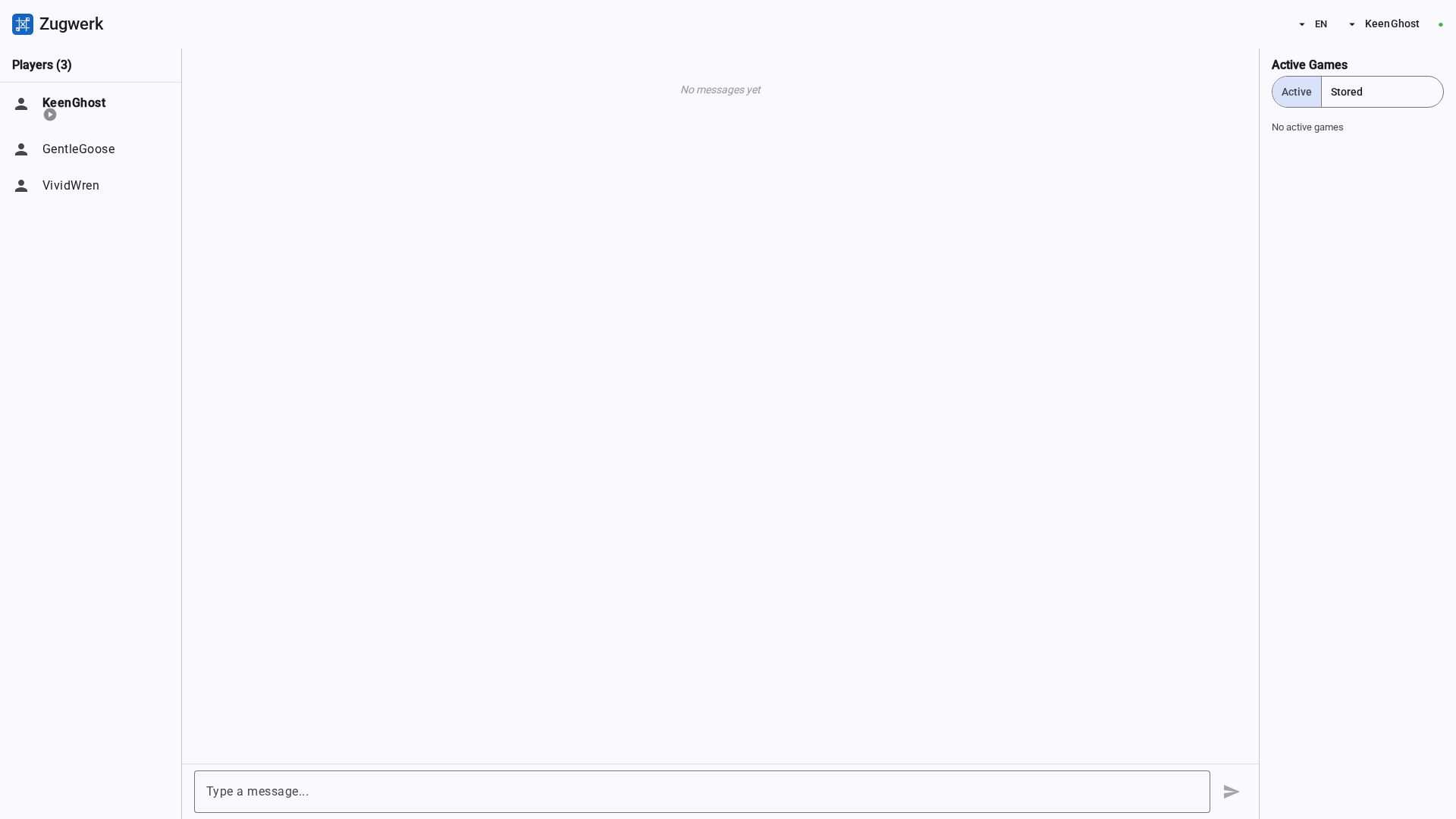 Lobby with player list and active games